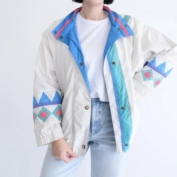 Vintage 90's London Fog White &  Blue Zip Up Light Jacket Size Medium - Picture 2 of 15